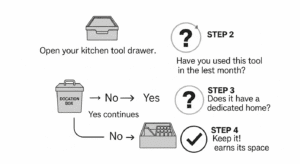 A-simple-flowchart-for-decluttering-kitchen-tools.-It-asks-if-youve-used-an-item-in-the-last-month-and-if-it-has-a-home-guiding-you-to-keep-donate-or-organize.