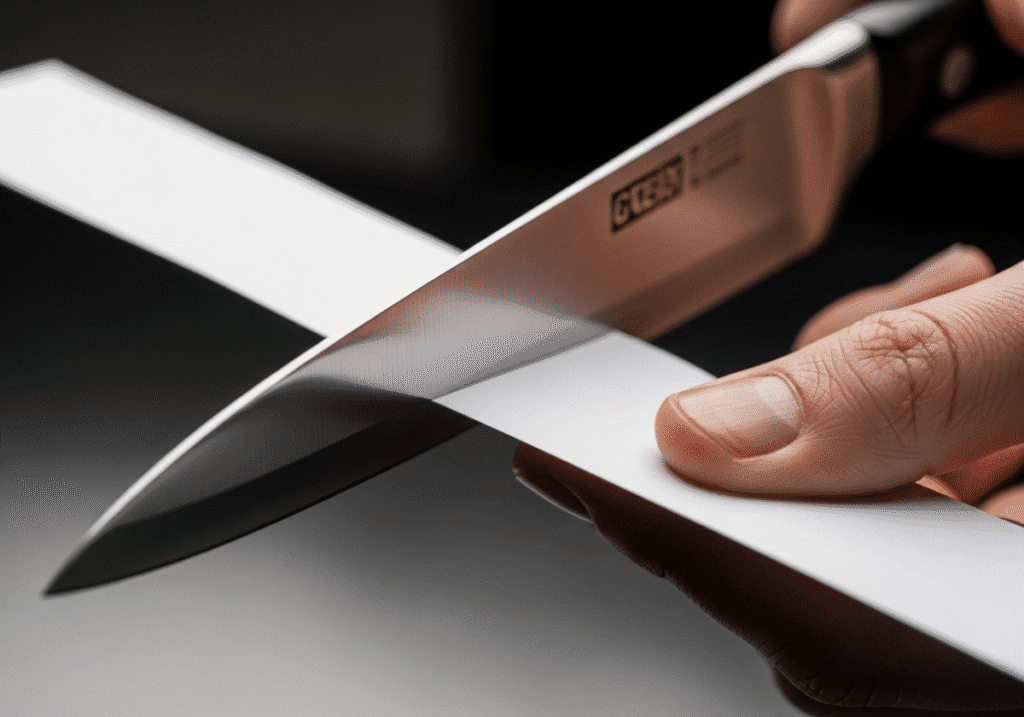  A very sharp knife effortlessly slicing through a piece of paper, a simple test to check your knife's sharpness.