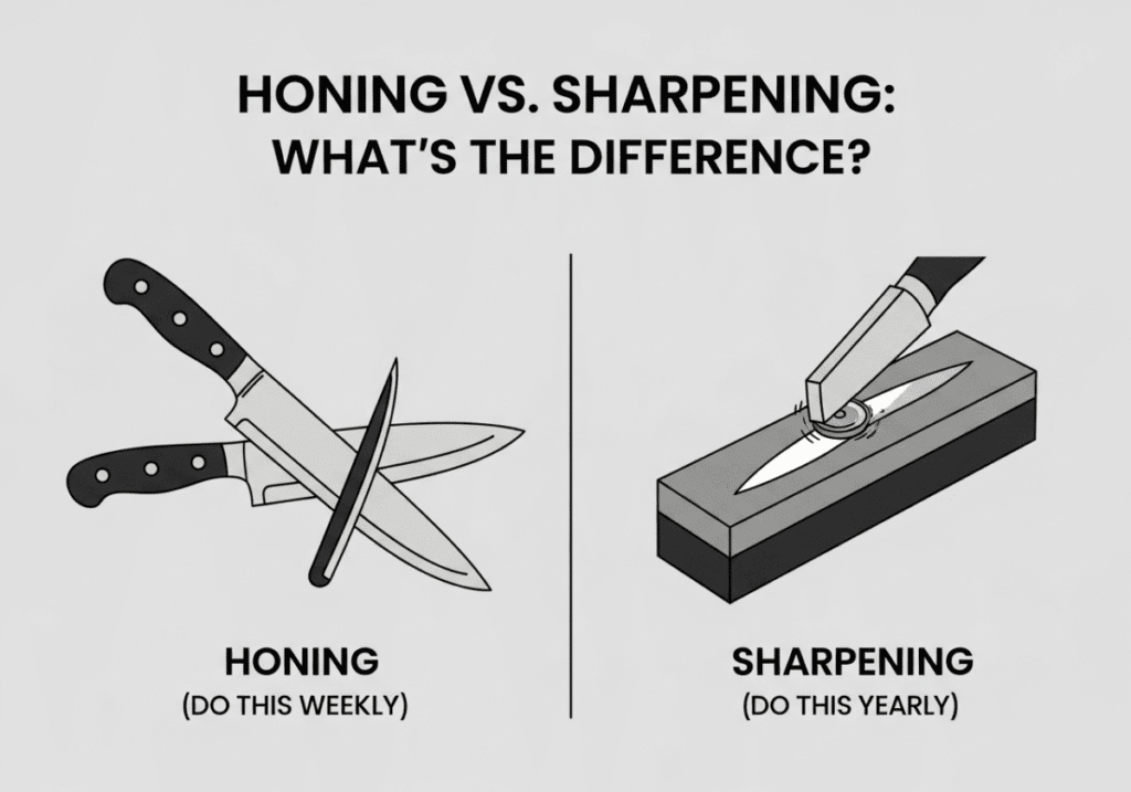 An infographic explaining the difference between honing (realigning the edge) and sharpening (creating a new edge) for proper knife maintenance.