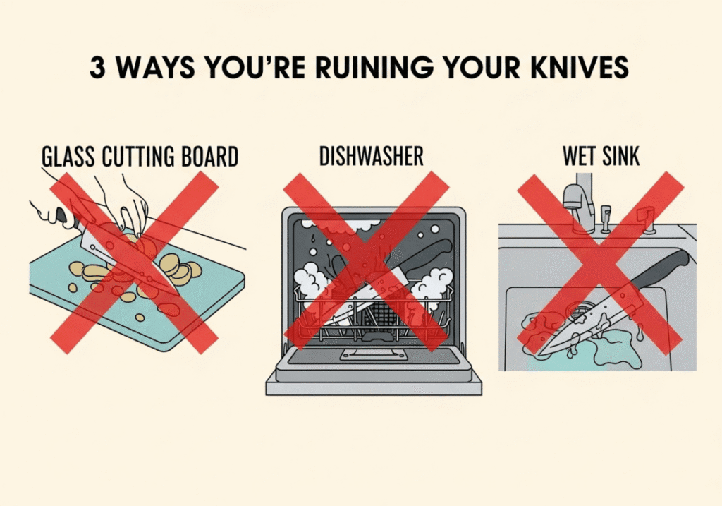 An infographic showing three common knife maintenance mistakes: using a glass cutting board, putting knives in the dishwasher, and leaving them wet.