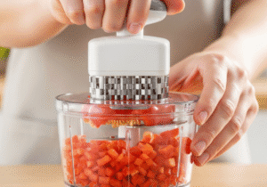 Close-up of hands dicing a bell pepper quickly and uniformly using an easy-to-clean vegetable chopper.