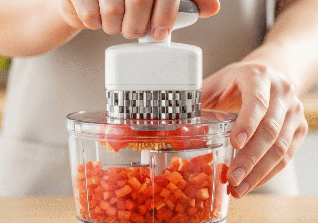 Close-up of hands dicing a bell pepper quickly and uniformly using an easy-to-clean vegetable chopper.