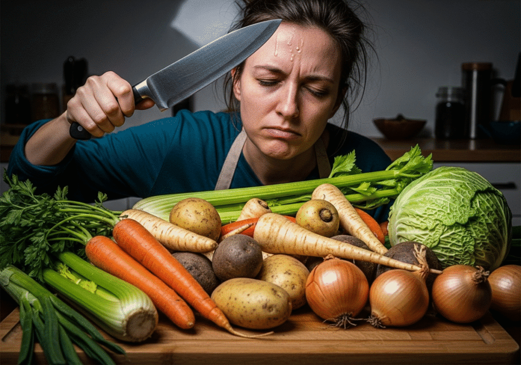 Frustrated cook tired of chopping vegetables by hand with a knife.