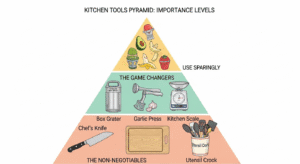 A kitchen tool pyramid infographic. The base shows essential tools like a chef's knife and cutting board. The middle tier has helpful tools like a grater and scale. The top tier holds occasional-use gadgets.