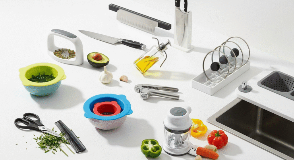 A curated collection of modern kitchen tools arranged on a white background, including a chef's knife, magnetic knife holder, avocado slicer, no-drip oil dispenser, garlic press, herb scissors, silicone lids, pot lid organizer, over-sink cutting board with colander, and a vegetable chopper.