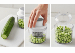 Step-by-step guide showing how to dice a cucumber quickly using a vegetable chopper.