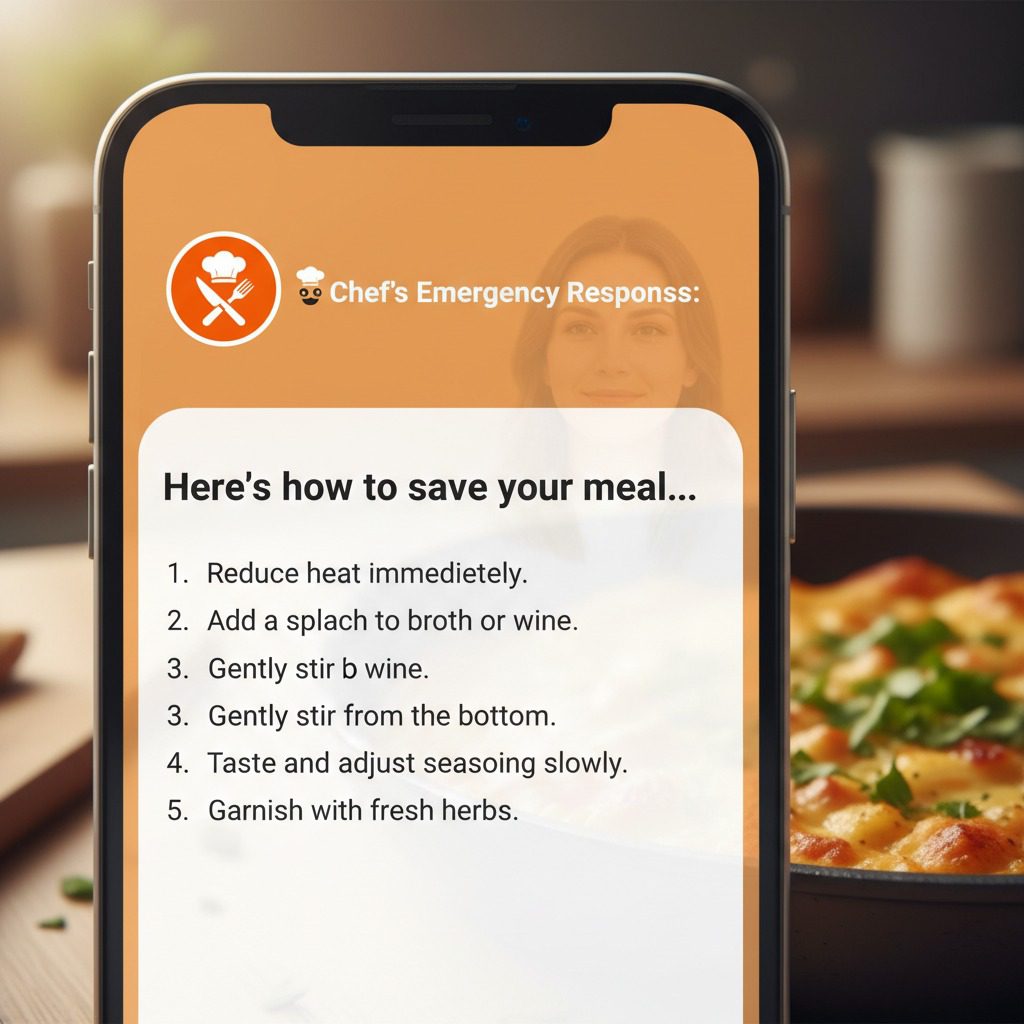 AI chef providing emergency cooking rescue instructions on crisis hotline app showing step-by-step solution for kitchen disaster