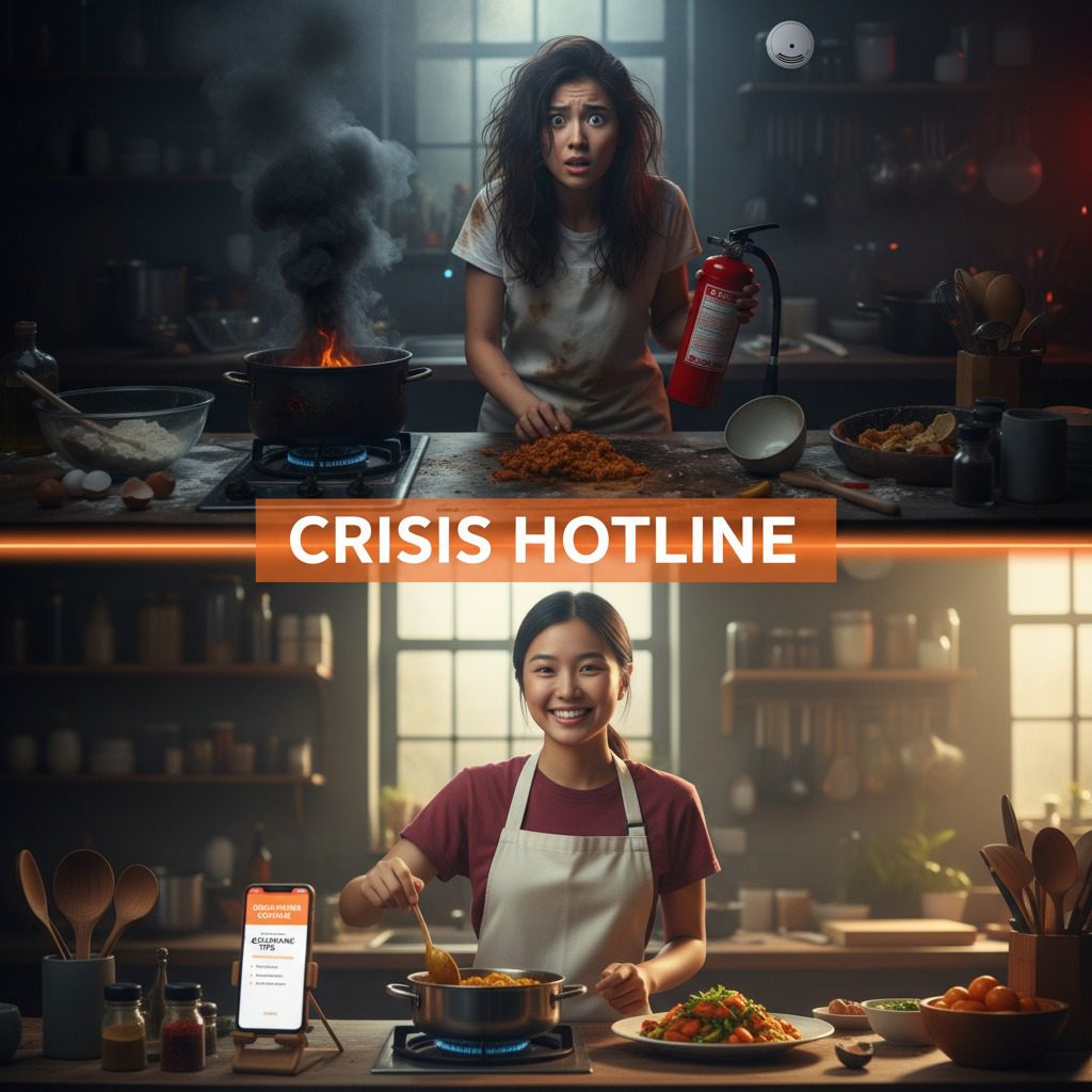 Before and after transformation showing stressed student with cooking disaster becoming confident cook using emergency crisis hotline support