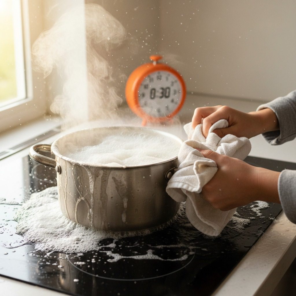 Boiling pot overflow pasta cooking emergency common kitchen crisis for students living abroad needing quick help