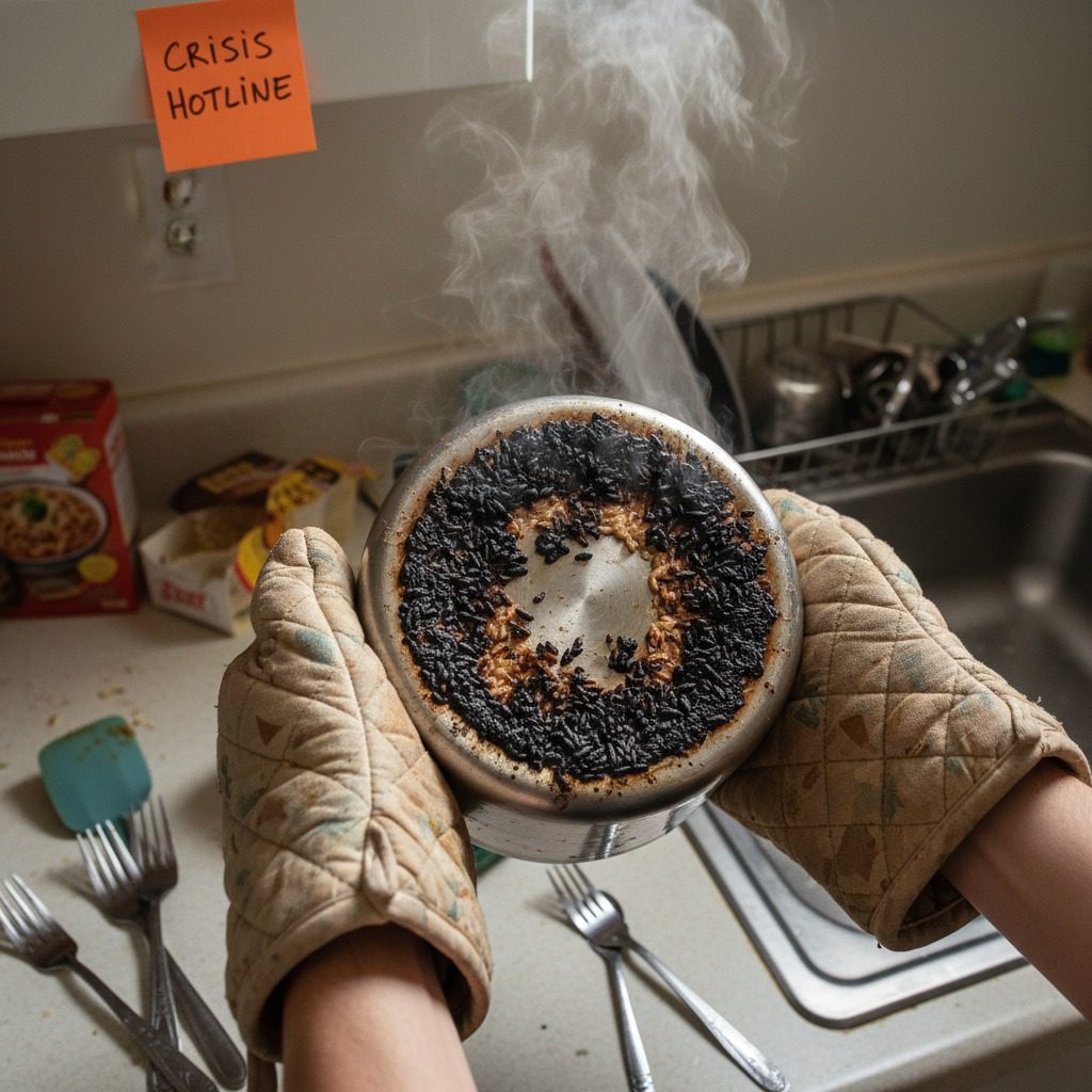 Burnt rice stuck in pot common cooking disaster crisis for international students and migrant workers needing emergency help