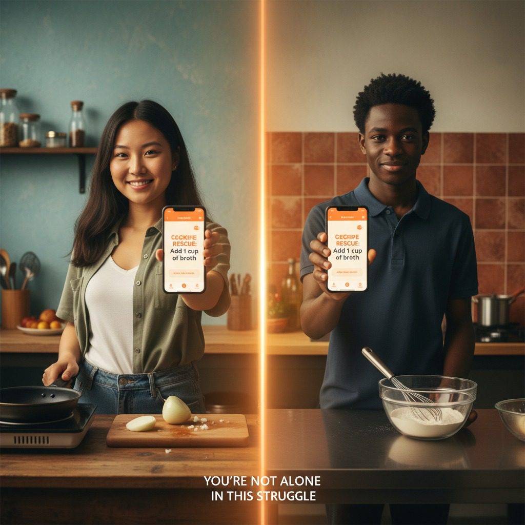 International student successfully saving cooking disaster after using emergency crisis hotline showing relief and accomplished meal.