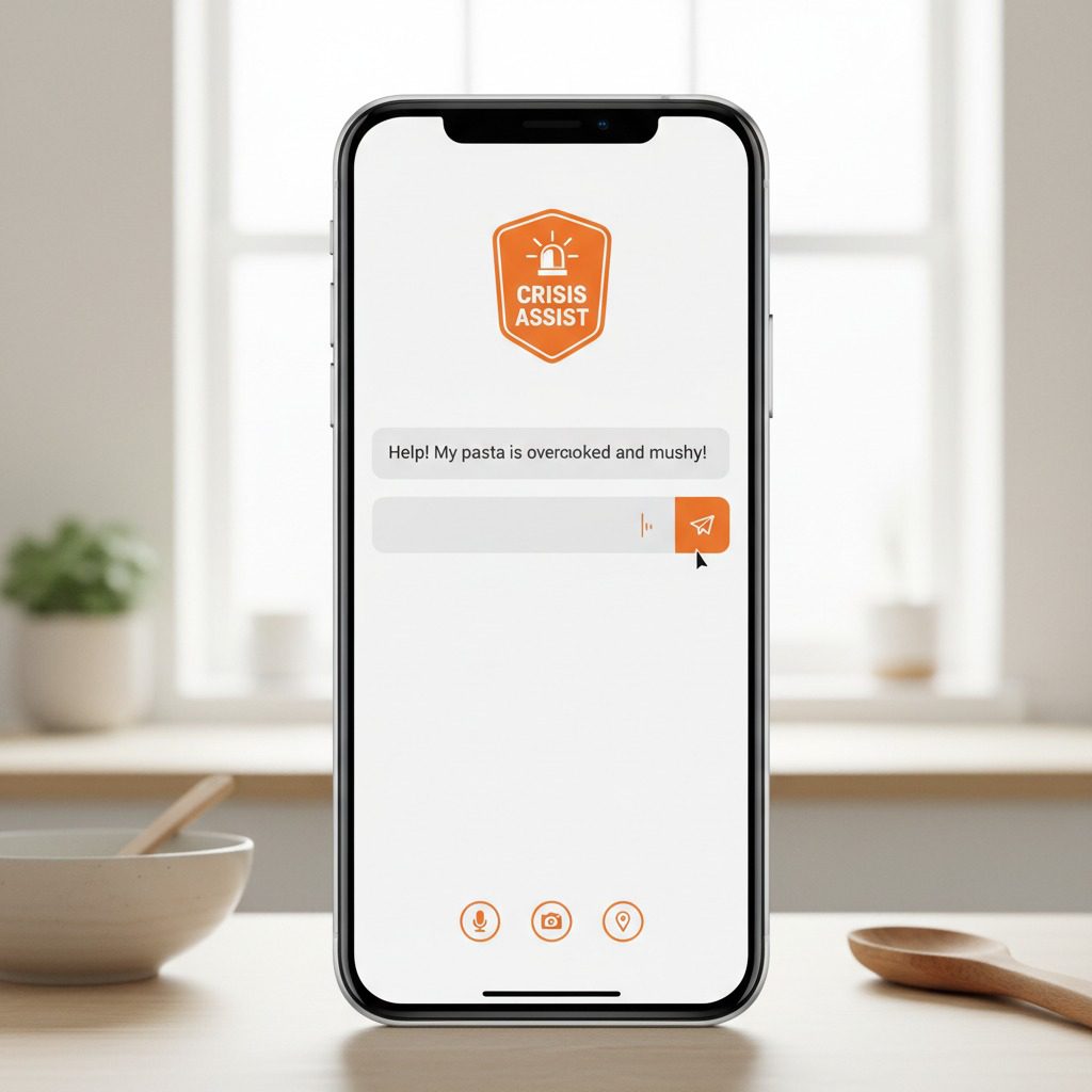 Cooking crisis hotline text input interface showing student typing kitchen emergency problem for instant AI chef help.